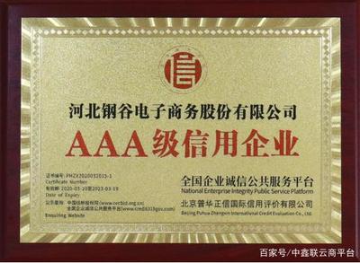 喜訊！河北鋼谷電子商務(wù)股份榮獲AAA級企業(yè)信用等級證書